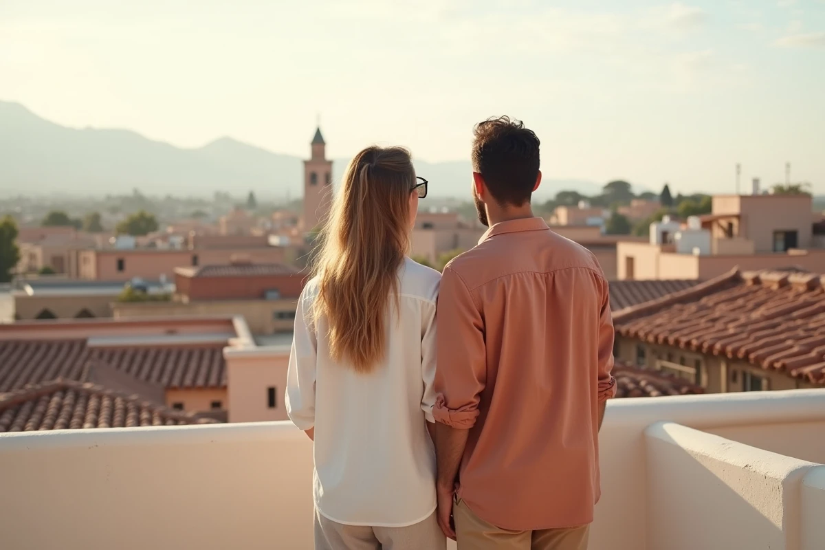 Couple visitant la terrasse d'un appartement moderne à Marrakech avec vue sur les toits de la médina
