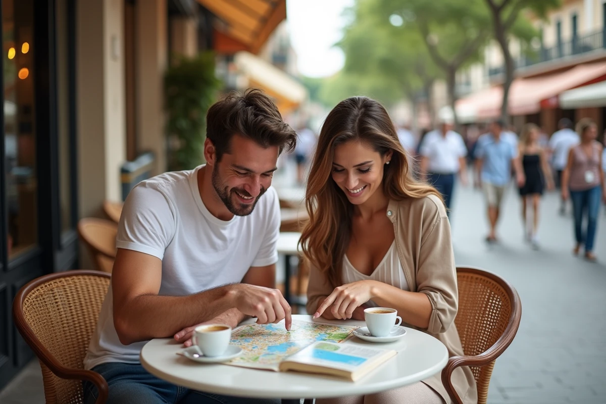 Couple de touristes planifiant leur visite de Marseille avec un guide et une carte en terrasse de café
