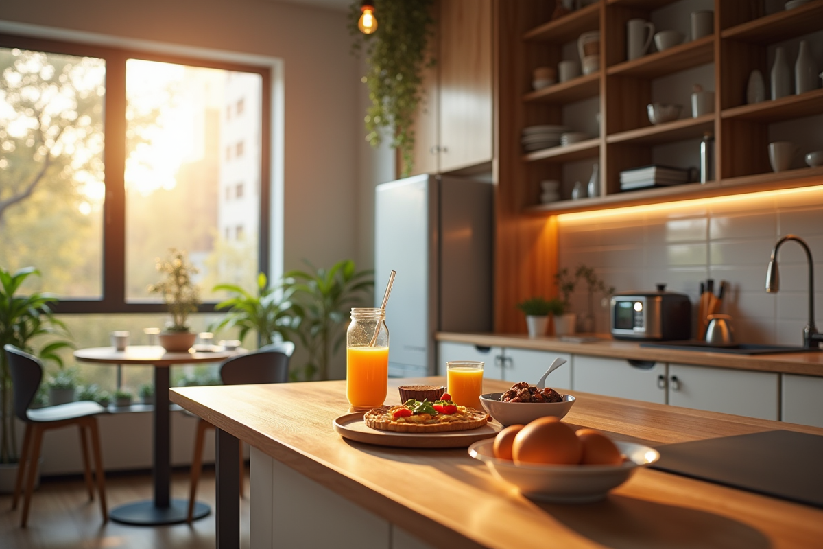Cuisine lumineuse avec petit déjeuner en préparation