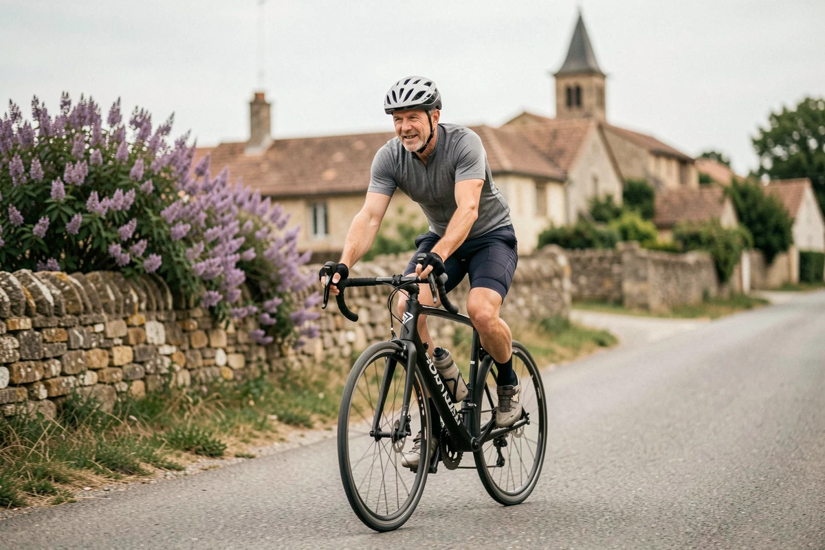 Cycliste sur la route de l'Impasse des Lilas à Aix-Villemaur-Pâlis en milieu rural