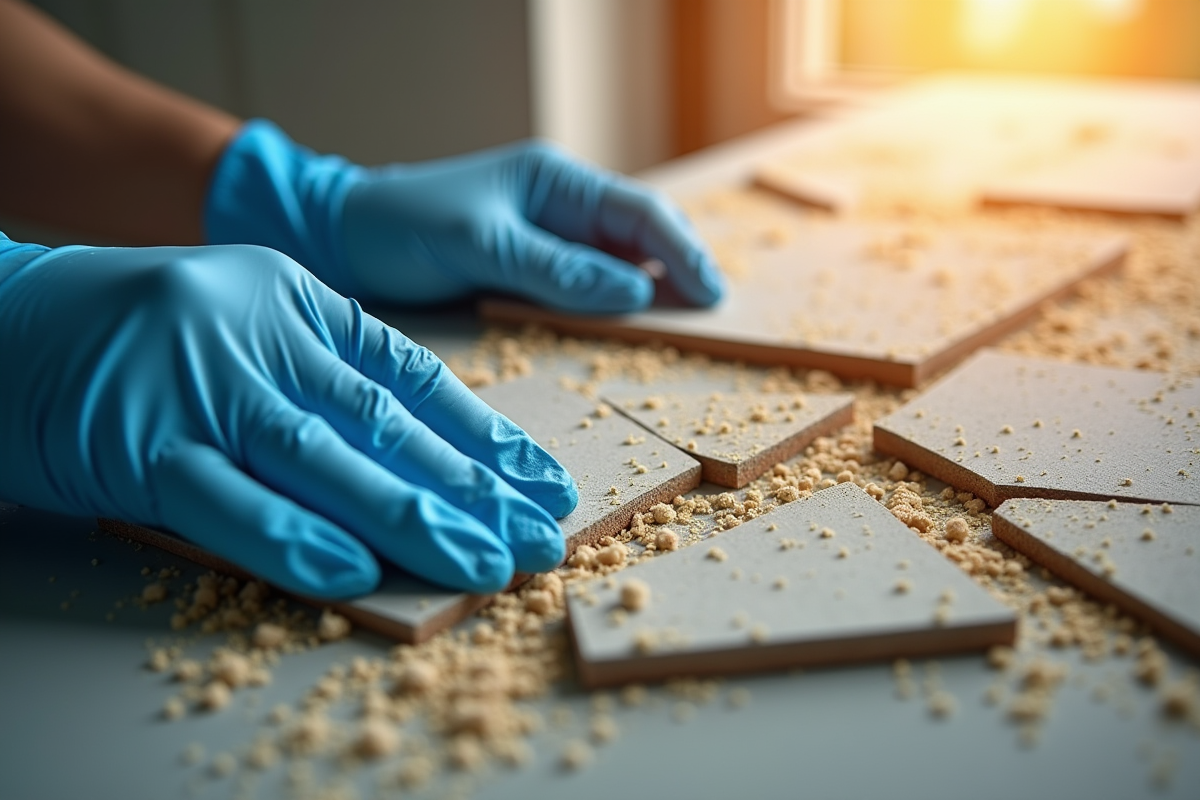 Mains gantées tenant des carreaux de plafond cassés avec fibres d