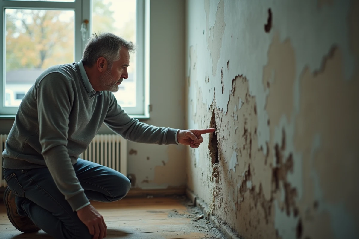 Acheteur immobilier découvrant un vice caché d'humidité et de moisissures sur un mur intérieur de maison