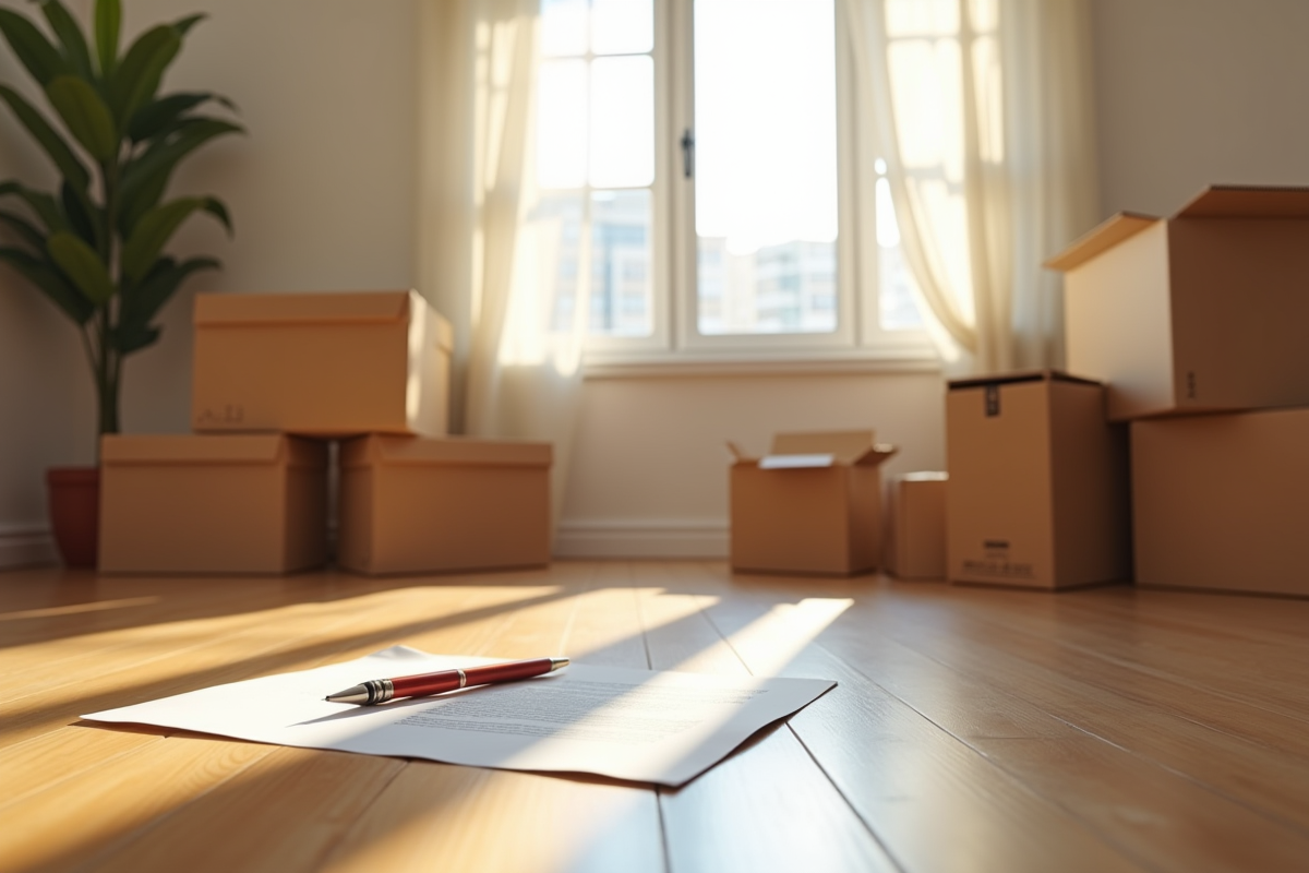 Cartons et effets personnels dans un appartement vide ensoleille