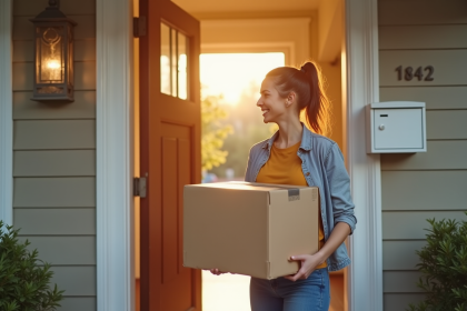 Personne tenant une box en carton devant sa nouvelle maison