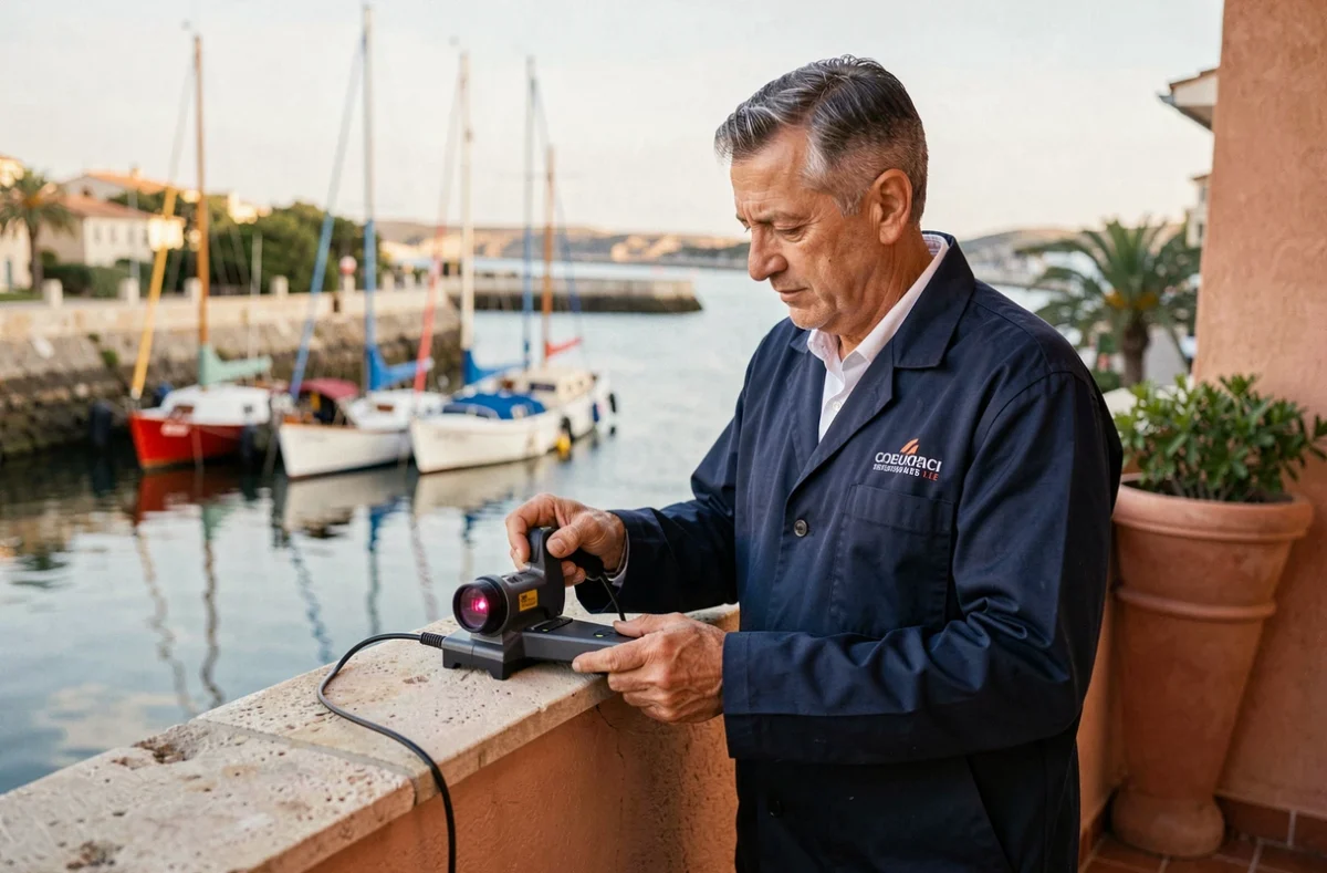 Diagnostiqueur de Diag Précision effectuant un relevé au laser sur une terrasse à Sète avec le canal en arrière-plan
