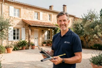 Diagnostiqueur immobilier professionnel devant une maison typique de l'Hérault avec tablette et instruments de mesure