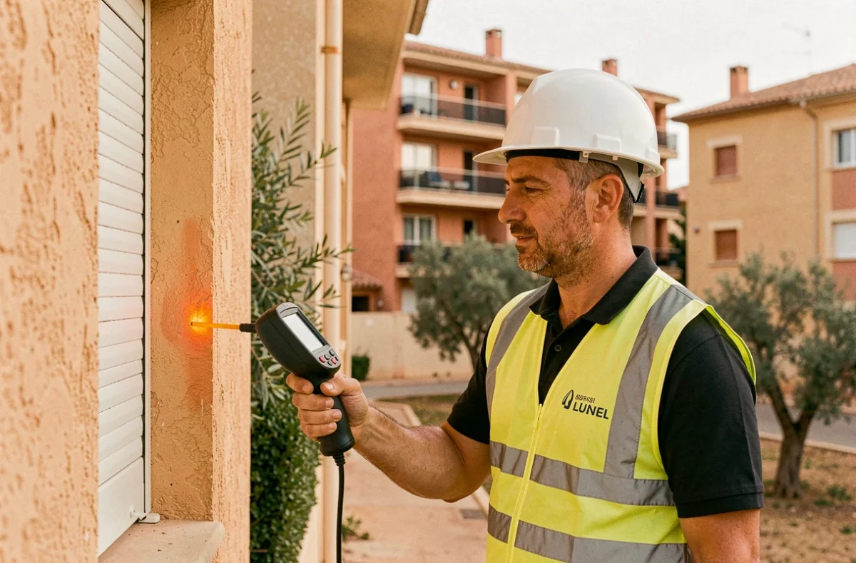 Technicien du réseau d.PRO Diagtech Solution en intervention diagnostique à Lunel devant un immeuble résidentiel