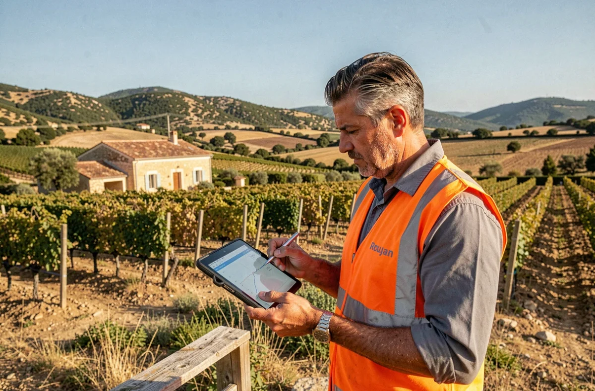 Technicien Diagtech Solution en inspection d'un bien rural près de Roujan dans le secteur de Béziers