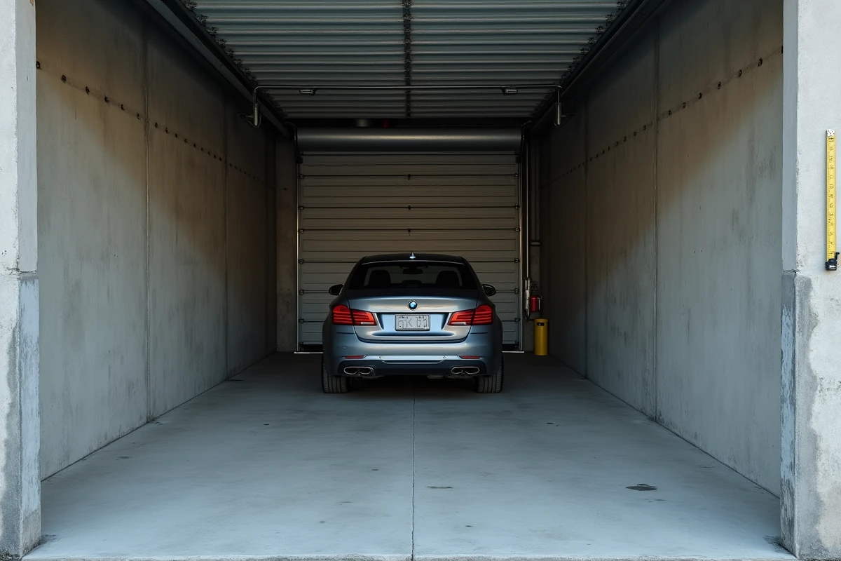 Intérieur d'un box de garage fermé avec voiture garée et murs en béton illustrant les dimensions d'un box standard