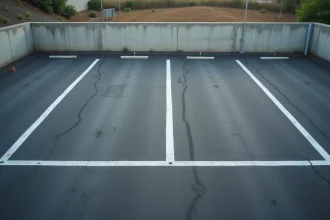 Vue aérienne d'un parking extérieur avec places délimitées par des marquages au sol blancs standard