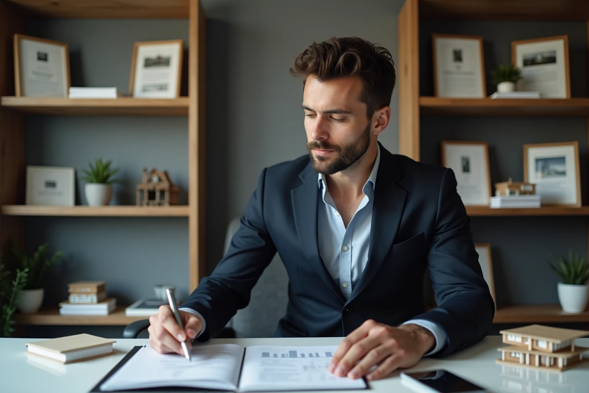 Directeur d'agence immobilière analysant une charte de marque pour renforcer son positionnement professionnel