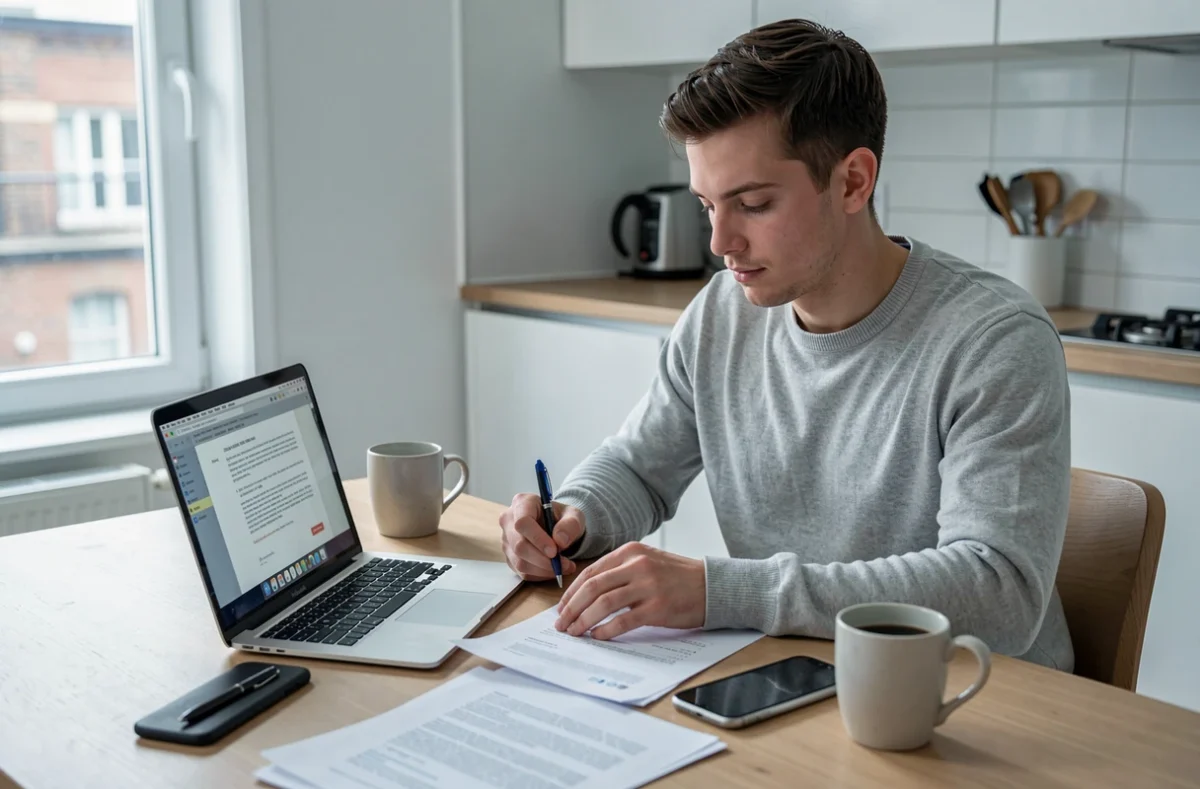 Jeune homme préparant son dossier de location avec lettre de motivation sur ordinateur portable