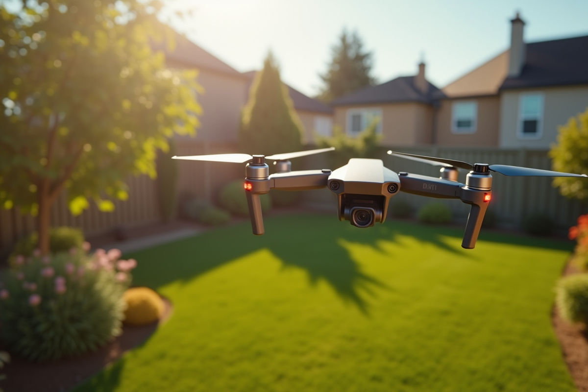Drone quadcopter sur un jardin suburbain en journée
