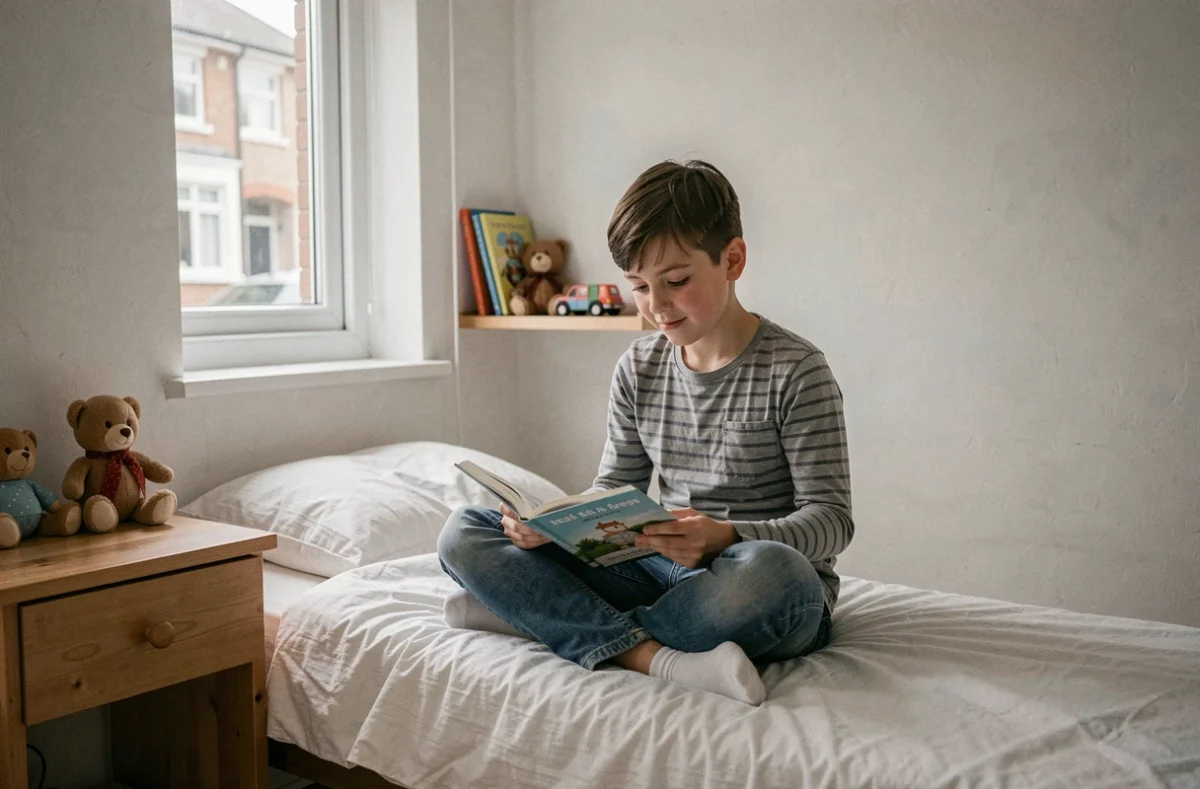 Enfant lisant dans une petite chambre de moins de 9m2 aménagée pour une situation de garde alternée