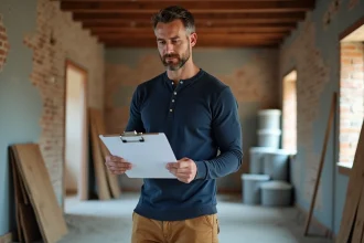 Entrepreneur en bâtiment analysant un plan business de rénovation sur un chantier en cours de transformation