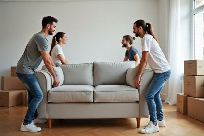 Trois adultes soulevant un canapé dans un appartement moderne