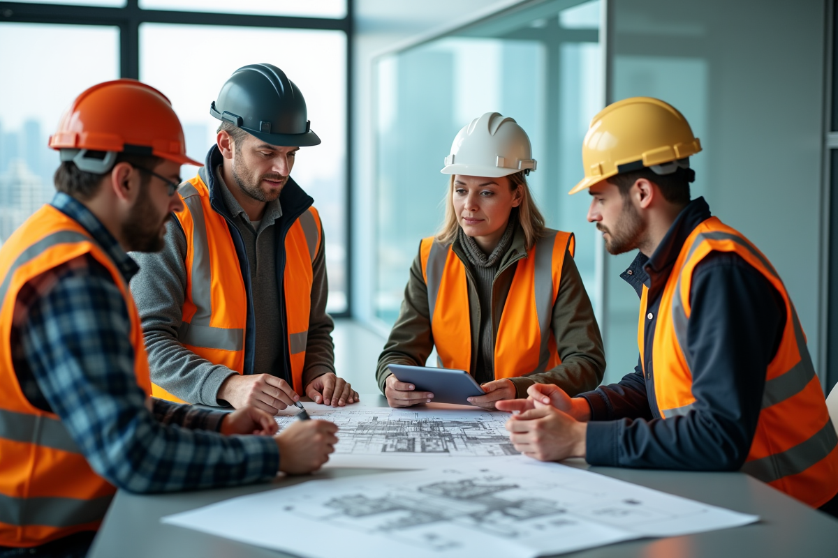Groupe de professionnels de la construction discutant autour de maquettes numériques