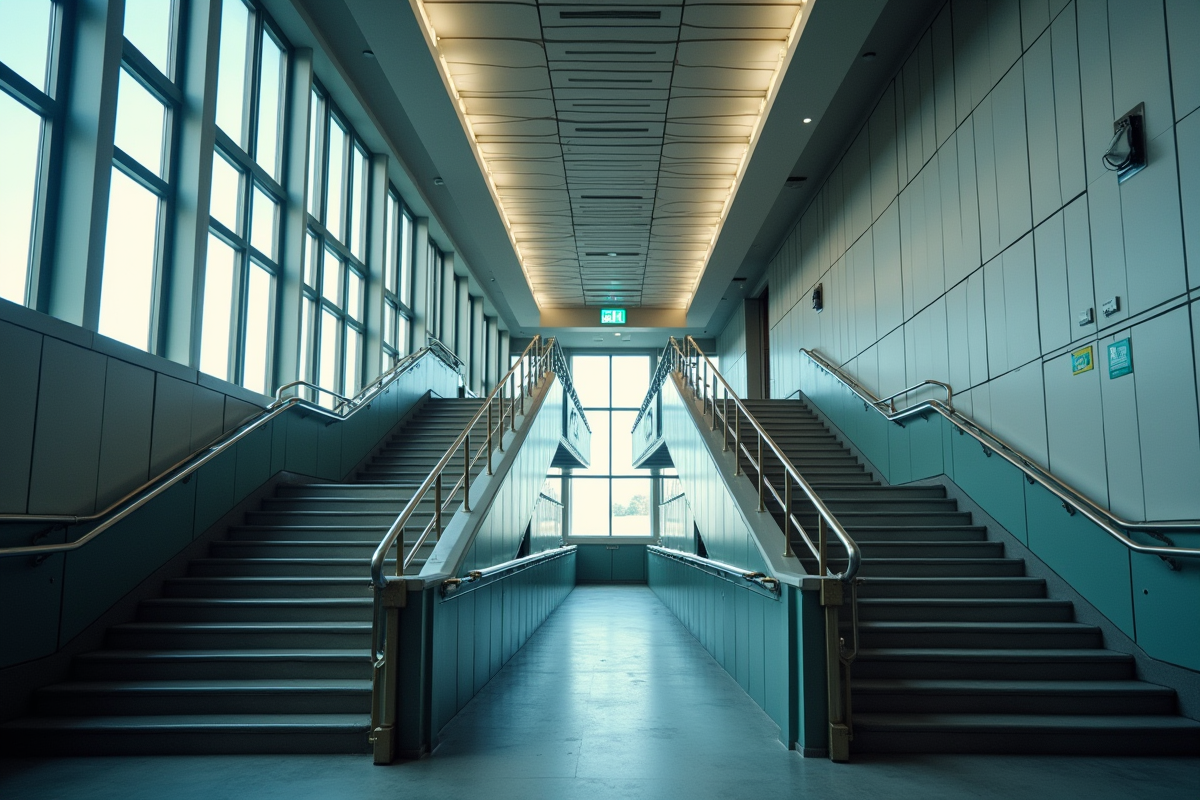 Escalier intérieur lumineux avec rampes et signalisation d