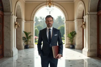 Agent immobilier en costume devant un bien de prestige avec hall en marbre pour illustrer l'estimation immobilière haut de gamme