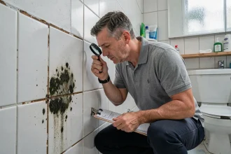 Expert en bâtiment inspectant des moisissures sur le mur d'une salle de bain lors d'une expertise immobilière