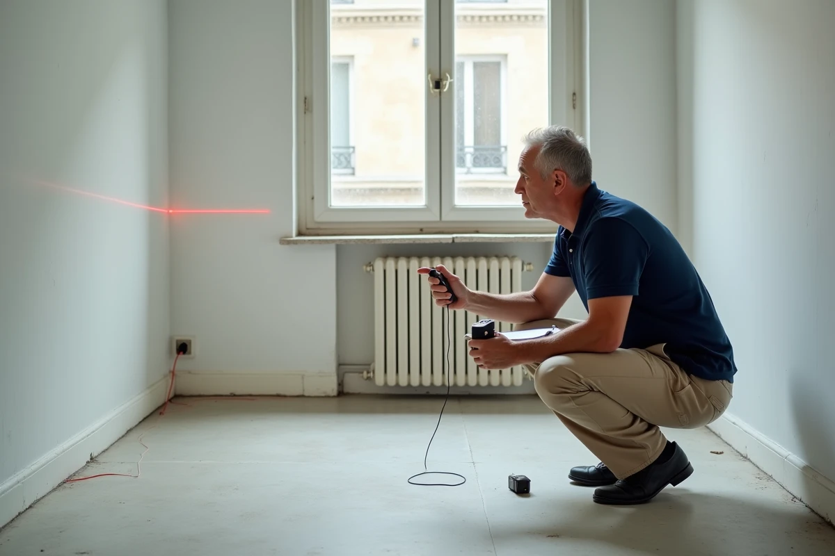 Expert immobilier mesurant la surface d'une chambre vide avec un télémètre laser lors d'un contrôle de conformité légale