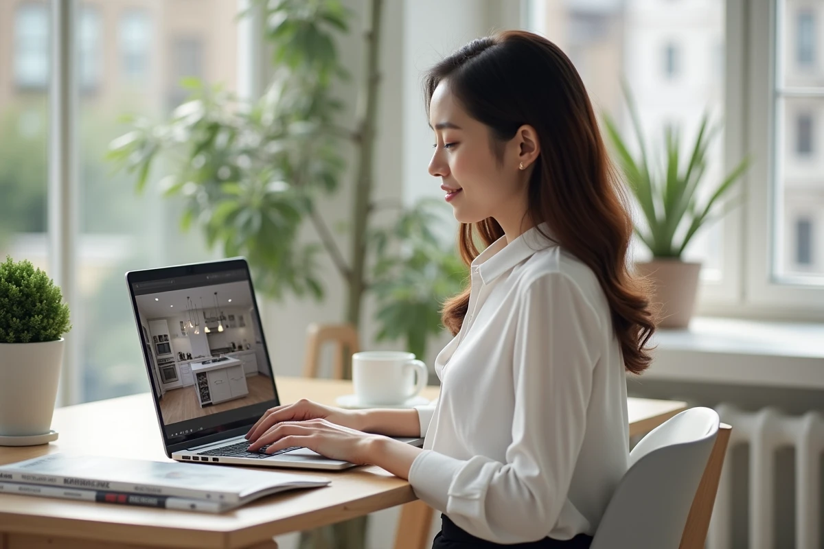 Femme explorant une visite virtuelle immobilière 360 degrés d'une maison témoin sur laptop depuis son domicile