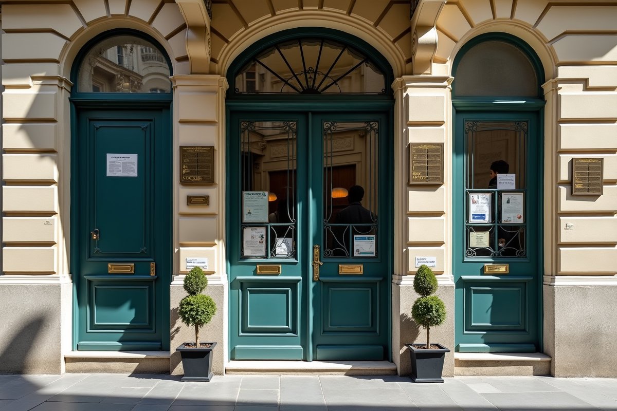 Façade d un immeuble parisien avec annonces de location