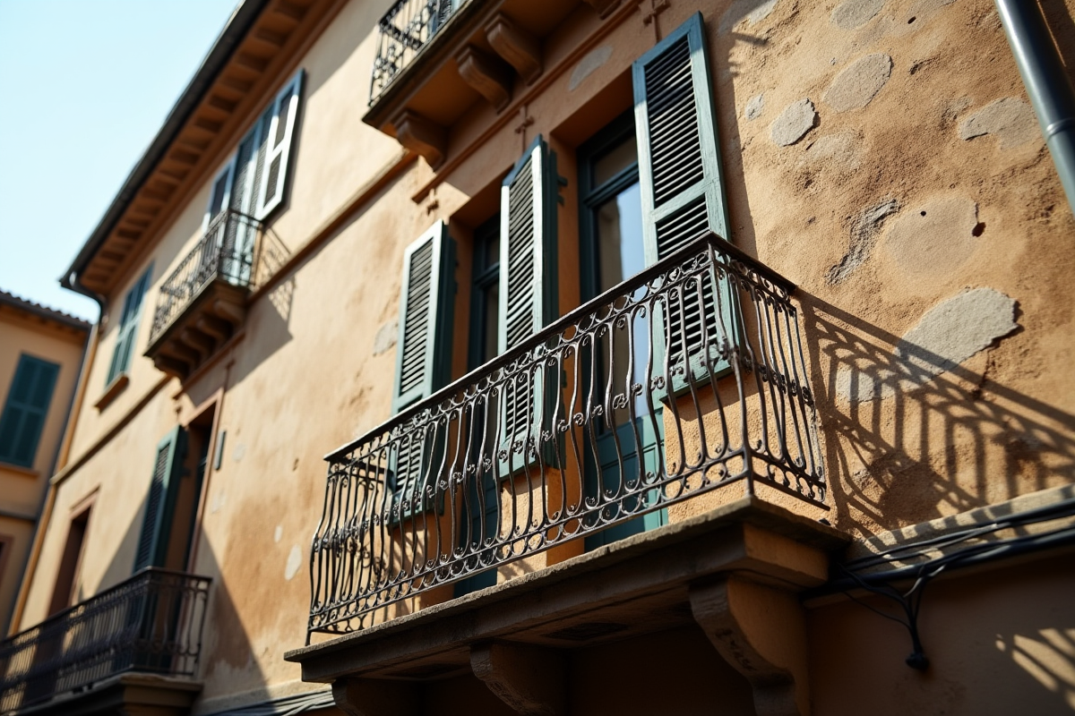 Façade en pierre ancienne avec volets en bois et balcons en fer