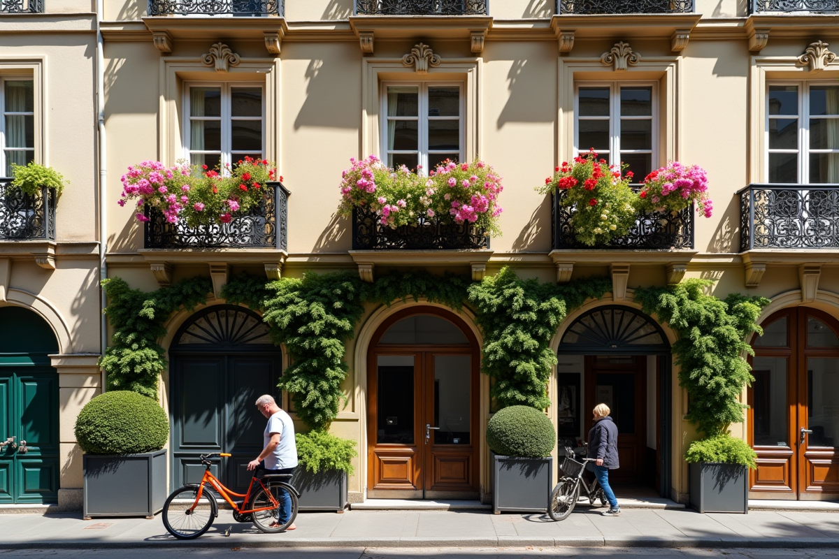 Façade d un immeuble parisien avec balcons fleuris et vélos
