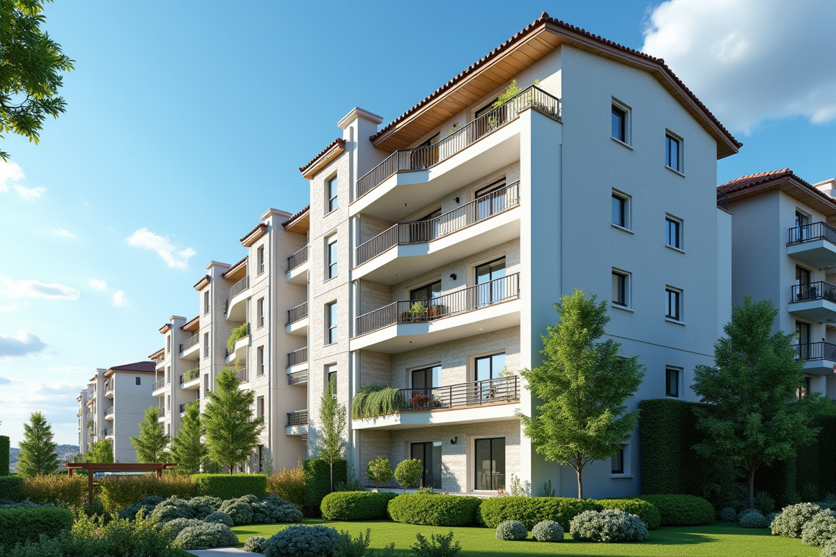 Façade d un immeuble résidentiel en plein jour avec ciel bleu
