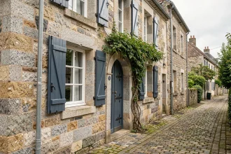Façade en pierre de granite d'une maison bretonne traditionnelle avec volets en bois bleu ardoise et porte en arc restaurée, détails architecturaux valorisants