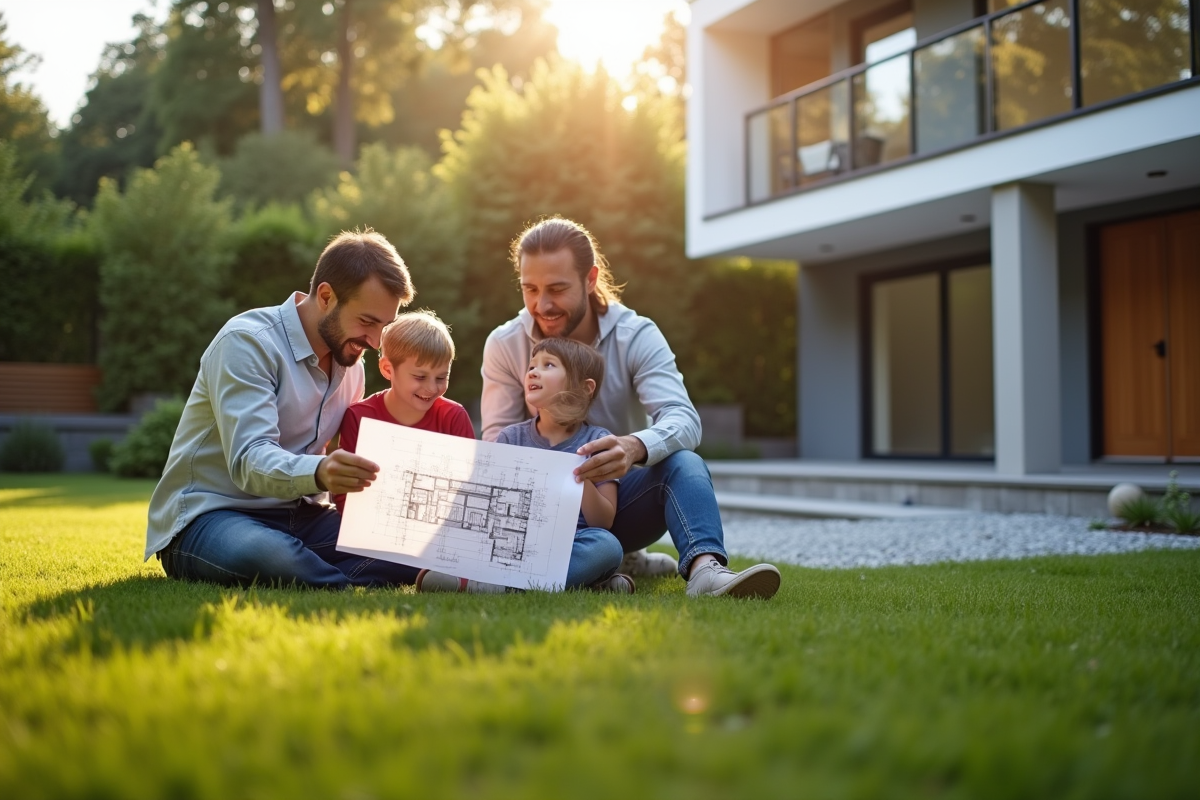 Famille examinant des plans dans leur jardin moderne