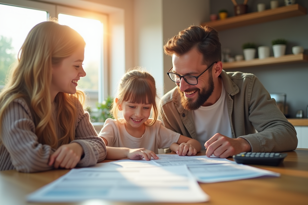 Famille heureuse examinant un contrat de logement à la cuisine