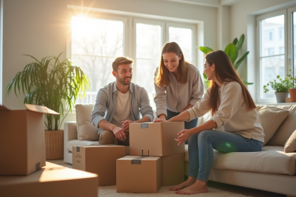 Famille souriante déballant des cartons dans un salon lumineux