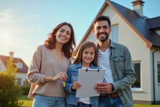 Famille heureuse devant une maison française moderne avec clés