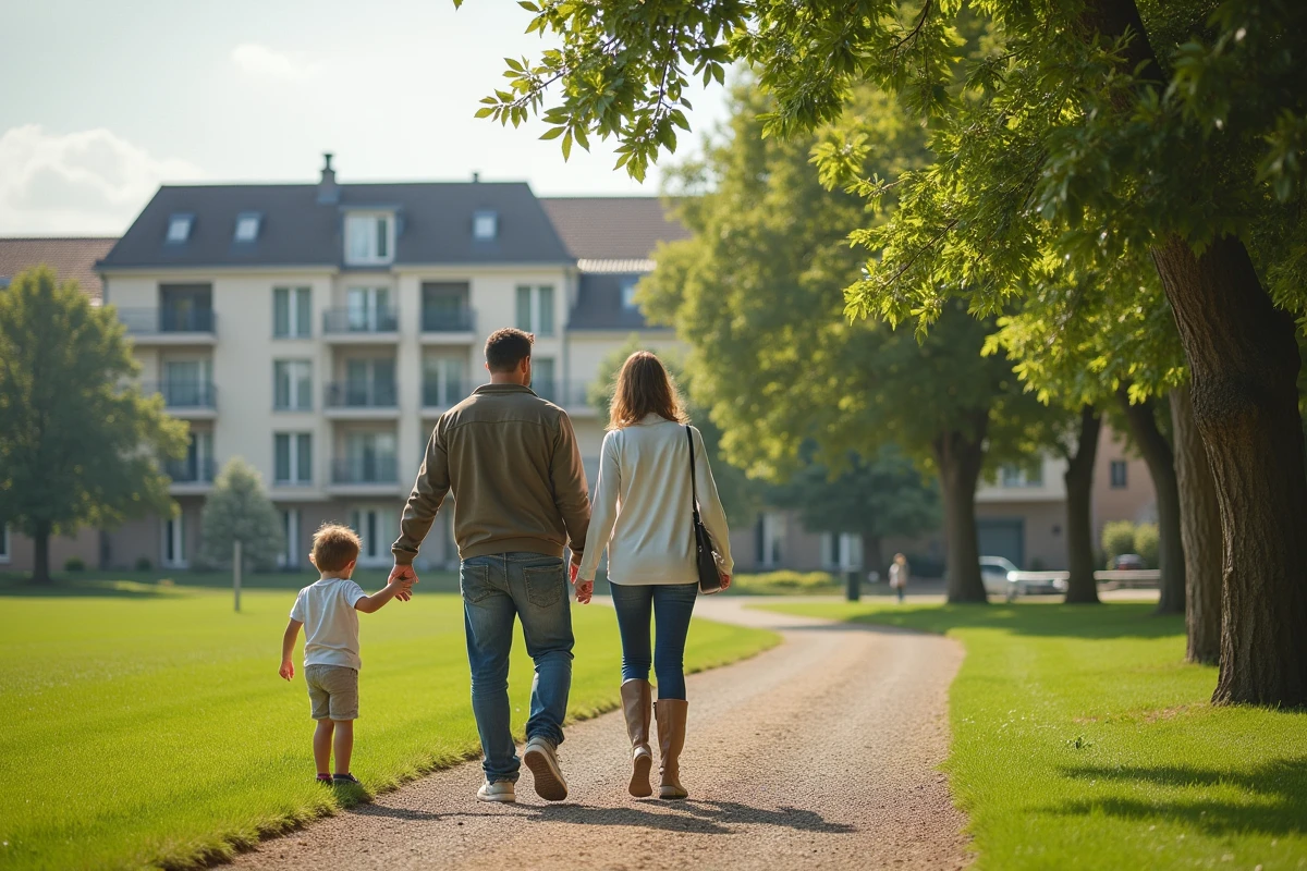 Famille avec enfant en bas âge dans un parc avec vue sur des immeubles résidentiels d'une ville d'Île-de-France