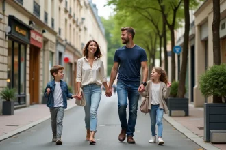Famille se promenant dans une rue piétonne d'une ville tranquille d'Île-de-France, idéale pour la vie de famille