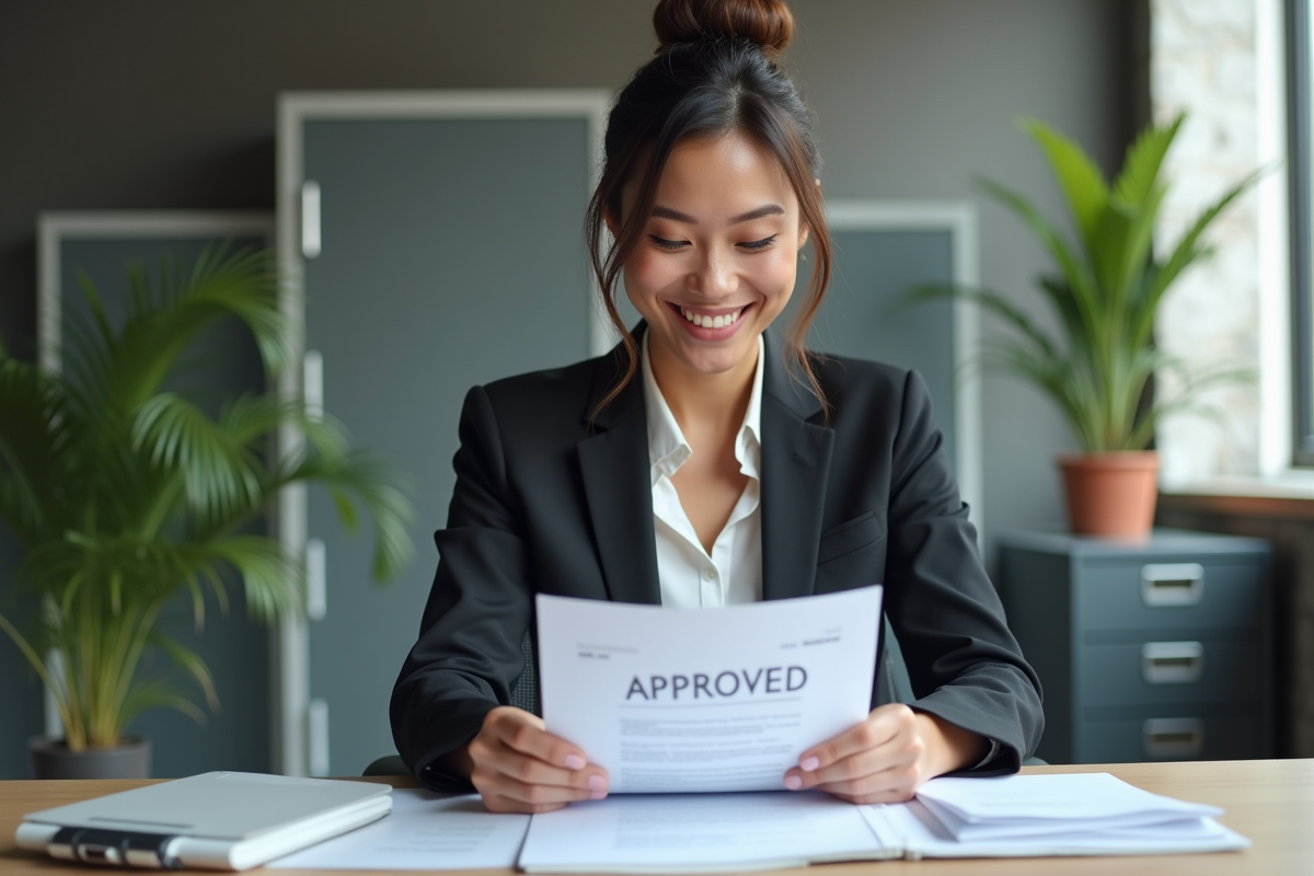 Femme d'affaires souriante vérifiant des documents approuves