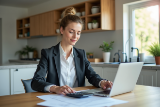 Femme d'affaires confiante dans une cuisine moderne pour l'immobilier
