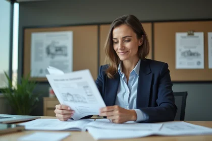 Femme d'affaires examinant des documents immobiliers dans un bureau