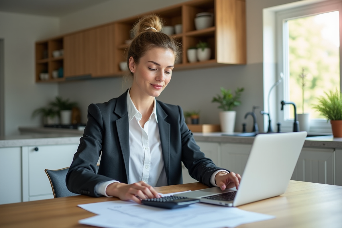 Femme d'affaires confiante dans une cuisine moderne pour l'immobilier