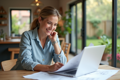 Femme souriante examinant des plans architecturaux à la maison