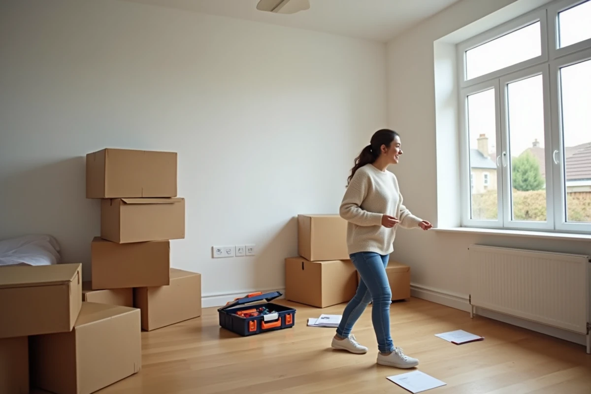 Jeune femme assemble un meuble dans une pièce vide