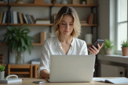 Femme au bureau avec ordinateur et smartphone pour article