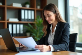 Femme d affaires au bureau vérifiant des documents de prêt immobilier