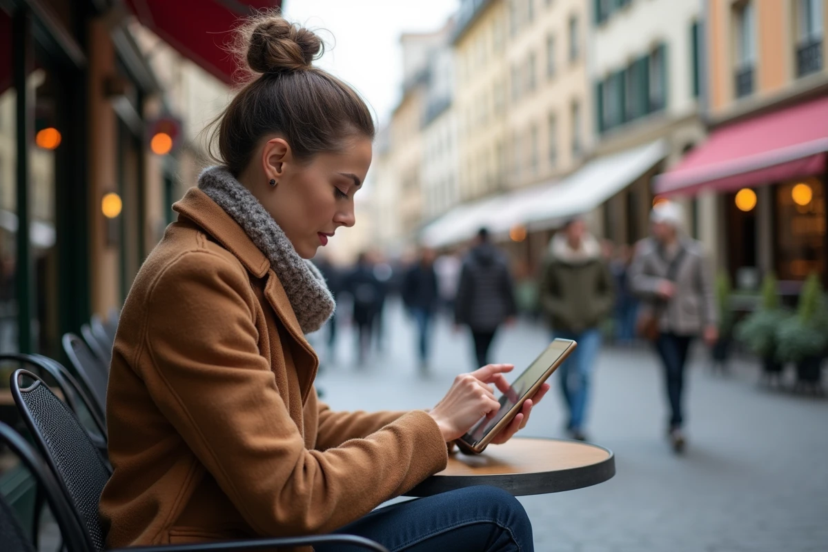 Femme lisant des annonces immobilières en terrasse à Lyon