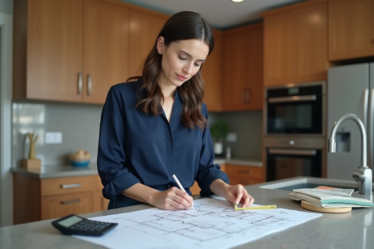 Femme en cuisine calculant un plan avec une calculatrice