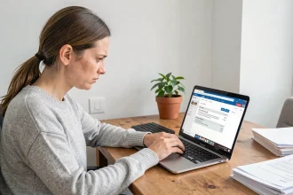 Femme consultant son espace client MyCitya sur un ordinateur portable pour lire ses relevés de charges et appels de fonds