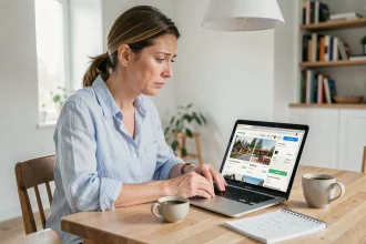 Femme consultant les frais de ménage d'une location Airbnb sur son ordinateur portable dans un appartement moderne