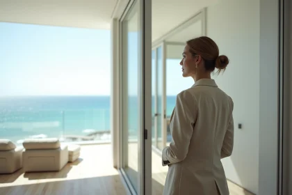 Femme d affaires regardant l horizon depuis un appartement moderne